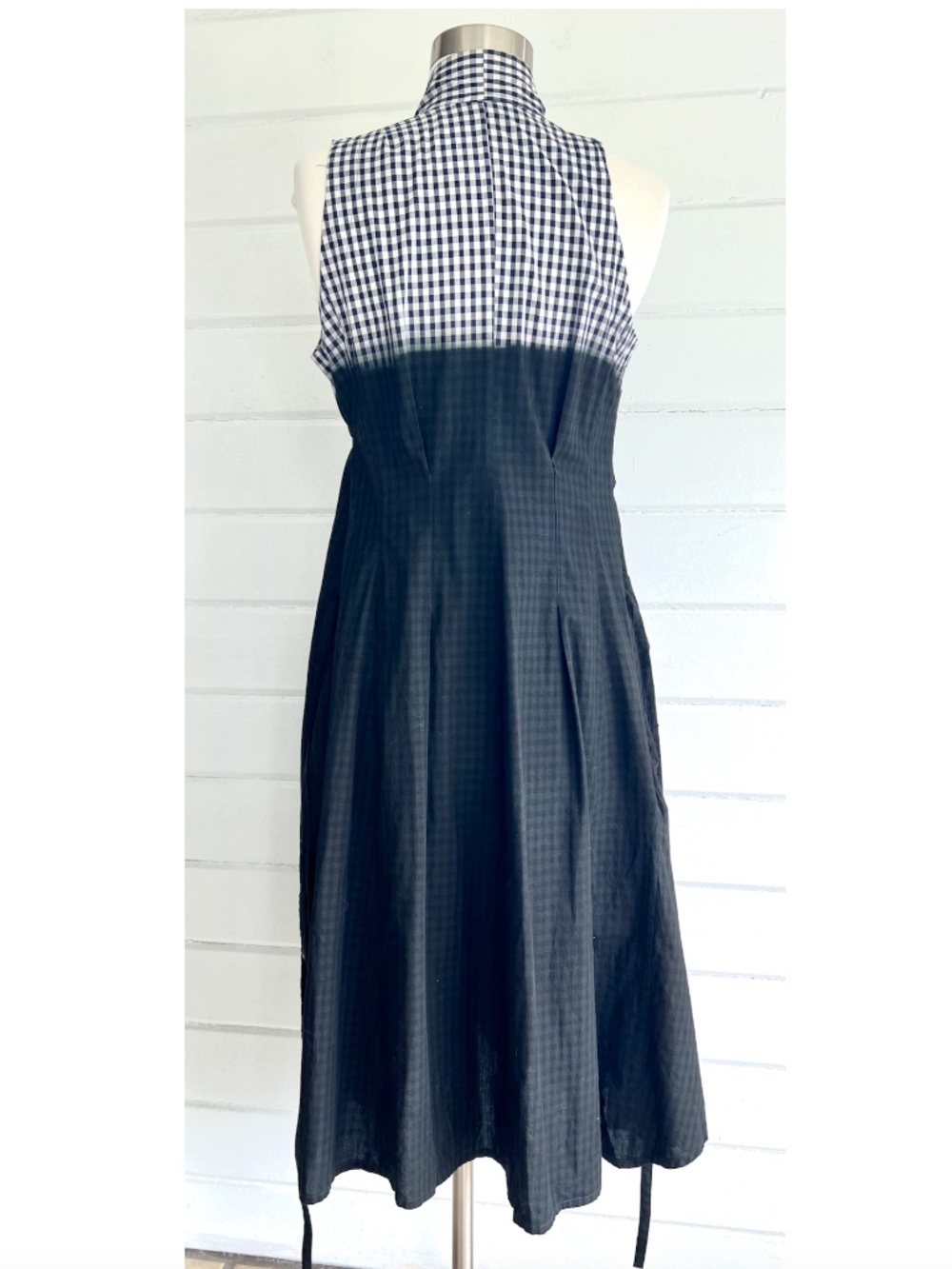 MARC LE BIHAN Dip Dyed Gingham Cotton Sleeveless Dress Navy Black - 38/S - Picture 9 of 15